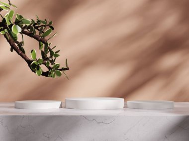 3D ürün bej, geometrik podyum platformlu minimal sahne. Podyumlu silindir arkaplan 3d. Kozmetik ürünleri anlamına geliyor. 3D bej stüdyosunda sahne gösterisi.