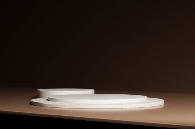 3d ürün arkaplanındaki lüks podyum sunumu soyut kahverengi zarif kaide vitriniyle. 3d oluşturma.