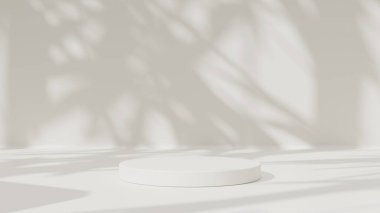 Boş podyum ya da beyaz arkaplanda silindir stand kavramına sahip kaide görüntüsü. Boş ürün rafı ayakta duruyor.