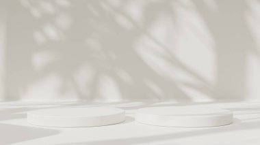 Boş podyum ya da beyaz arkaplanda silindir stand kavramına sahip kaide görüntüsü. Boş ürün rafı ayakta duruyor.