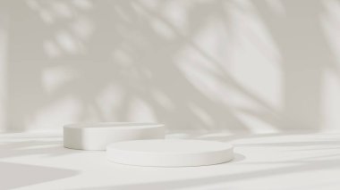 Boş podyum ya da beyaz arkaplanda silindir stand kavramına sahip kaide görüntüsü. Boş ürün rafı ayakta duruyor.