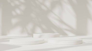 Boş podyum ya da beyaz arkaplanda silindir stand kavramına sahip kaide görüntüsü. Boş ürün rafı ayakta duruyor.