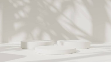 Boş podyum ya da beyaz arkaplanda silindir stand kavramına sahip kaide görüntüsü. Boş ürün rafı ayakta duruyor.