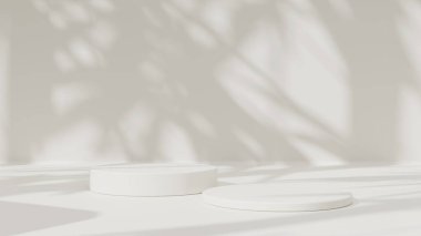 Boş podyum ya da beyaz arkaplanda silindir stand kavramına sahip kaide görüntüsü. Boş ürün rafı ayakta duruyor.