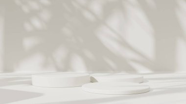 Boş podyum ya da beyaz arkaplanda silindir stand kavramına sahip kaide görüntüsü. Boş ürün rafı ayakta duruyor.