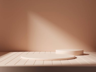 Gerçekçi silindir kaide seti ve gölge örtüsü olan minimalist bir oda. Ürün sunumu için en küçük sahne. Vitrin için geometrik platform.