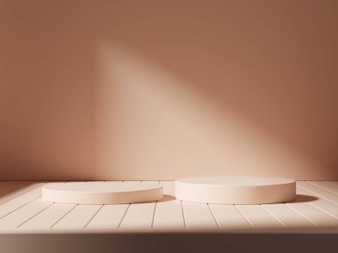 Gerçekçi silindir kaide seti ve gölge örtüsü olan minimalist bir oda. Ürün sunumu için en küçük sahne. Vitrin için geometrik platform.