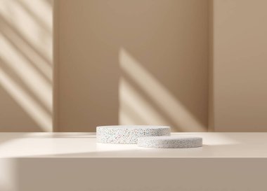 3D ürün bej, geometrik podyum platformlu minimal sahne. Podyumlu silindir arkaplan 3d. Kozmetik ürünleri anlamına geliyor. 3D bej stüdyosunda sahne gösterisi.