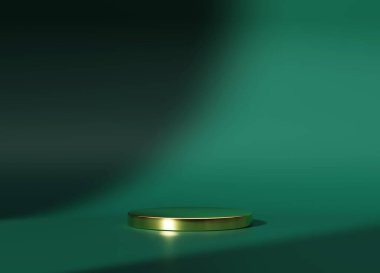 Geometrik altın kürsü platformlu 3D ürün minimal sahnesi. Podyumlu silindir arkaplan 3d. Kozmetik ürünleri anlamına geliyor. 3 boyutlu yeşil stüdyoda sahne gösterisi.