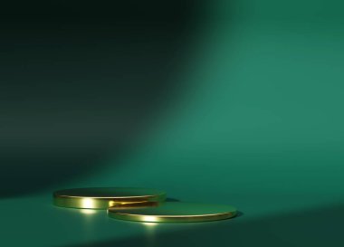 Geometrik altın kürsü platformlu 3D ürün minimal sahnesi. Podyumlu silindir arkaplan 3d. Kozmetik ürünleri anlamına geliyor. 3 boyutlu yeşil stüdyoda sahne gösterisi.