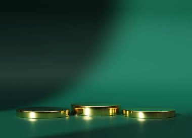 Geometrik altın kürsü platformlu 3D ürün minimal sahnesi. Podyumlu silindir arkaplan 3d. Kozmetik ürünleri anlamına geliyor. 3 boyutlu yeşil stüdyoda sahne gösterisi.