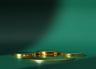 Geometrik altın kürsü platformlu 3D ürün minimal sahnesi. Podyumlu silindir arkaplan 3d. Kozmetik ürünleri anlamına geliyor. 3 boyutlu yeşil stüdyoda sahne gösterisi.