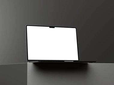 Zarif gri arkaplan üzerinde boş ekranı olan gerçekçi dizüstü bilgisayar modeli