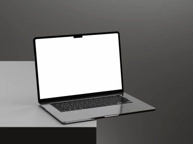 Zarif gri arkaplan üzerinde boş ekranı olan gerçekçi dizüstü bilgisayar modeli