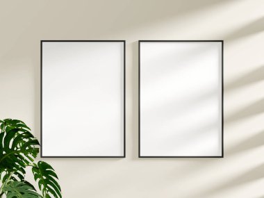 Beyaz duvardaki çerçeve modeli. Poster modeli. Temiz, modern, minimal çerçeve. İçerideki boş çerçeve, metin veya ürünü göster