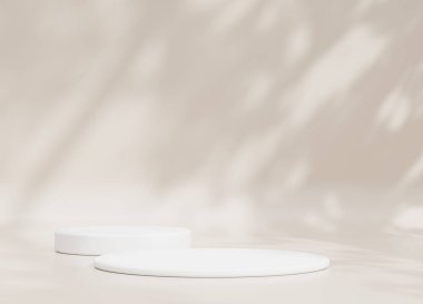 Boş podyum ya da beyaz arkaplanda silindir stand kavramına sahip kaide görüntüsü. Boş ürün rafı ayakta duruyor. 3B görüntüleme.