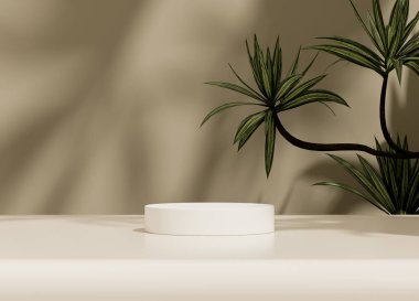 Arka planda bitki dalları ve yaprakları olan beyaz kürsü. Sergiler, ürünlerin sunumu, terapi, rahatlama ve sağlık için hazırlan..