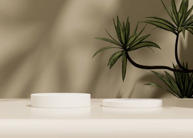 Arka planda bitki dalları ve yaprakları olan beyaz kürsü. Sergiler, ürünlerin sunumu, terapi, rahatlama ve sağlık için hazırlan..