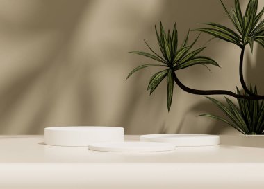 Arka planda bitki dalları ve yaprakları olan beyaz kürsü. Sergiler, ürünlerin sunumu, terapi, rahatlama ve sağlık için hazırlan..