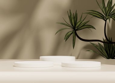 Arka planda bitki dalları ve yaprakları olan beyaz kürsü. Sergiler, ürünlerin sunumu, terapi, rahatlama ve sağlık için hazırlan..