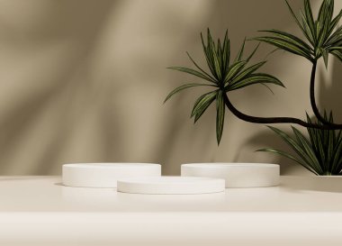 Arka planda bitki dalları ve yaprakları olan beyaz kürsü. Sergiler, ürünlerin sunumu, terapi, rahatlama ve sağlık için hazırlan..