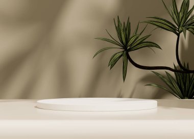 Arka planda bitki dalları ve yaprakları olan beyaz kürsü. Sergiler, ürünlerin sunumu, terapi, rahatlama ve sağlık için hazırlan..