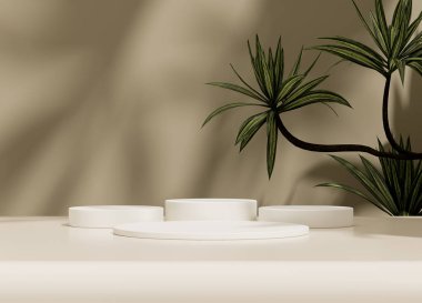 Arka planda bitki dalları ve yaprakları olan beyaz kürsü. Sergiler, ürünlerin sunumu, terapi, rahatlama ve sağlık için hazırlan..