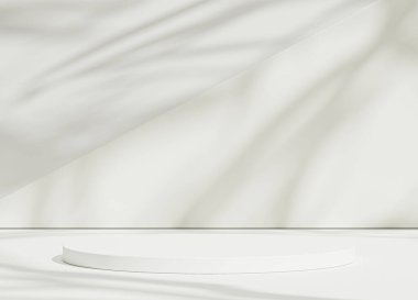 Gerçekçi beyaz silindir kaide seti ve yaprak gölgesi olan soyut beyaz oda. Ürün sunumu için en küçük sahne. Vitrin için geometrik platform