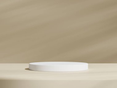 Geometrik beyaz podyum platformlu kahverengi ürün minimal sahnesini göster. Podyumlu silindir arka plan. Kozmetik ürünleri anlamına geliyor. Bej rengi sette sahne gösterisi.
