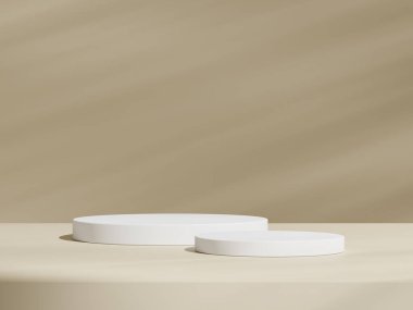 Geometrik beyaz podyum platformlu kahverengi ürün minimal sahnesini göster. Podyumlu silindir arka plan. Kozmetik ürünleri anlamına geliyor. Bej rengi sette sahne gösterisi.