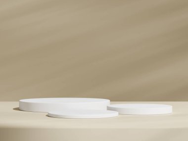 Geometrik beyaz podyum platformlu kahverengi ürün minimal sahnesini göster. Podyumlu silindir arka plan. Kozmetik ürünleri anlamına geliyor. Bej rengi sette sahne gösterisi.