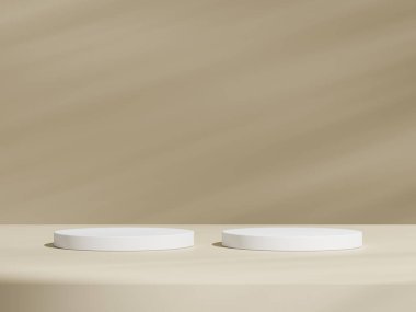 Geometrik beyaz podyum platformlu kahverengi ürün minimal sahnesini göster. Podyumlu silindir arka plan. Kozmetik ürünleri anlamına geliyor. Bej rengi sette sahne gösterisi.