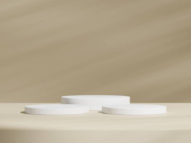 Geometrik beyaz podyum platformlu kahverengi ürün minimal sahnesini göster. Podyumlu silindir arka plan. Kozmetik ürünleri anlamına geliyor. Bej rengi sette sahne gösterisi.