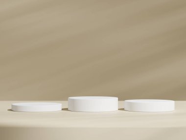 Geometrik beyaz podyum platformlu kahverengi ürün minimal sahnesini göster. Podyumlu silindir arka plan. Kozmetik ürünleri anlamına geliyor. Bej rengi sette sahne gösterisi.