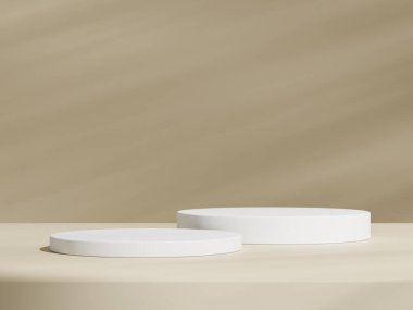 Geometrik beyaz podyum platformlu kahverengi ürün minimal sahnesini göster. Podyumlu silindir arka plan. Kozmetik ürünleri anlamına geliyor. Bej rengi sette sahne gösterisi.