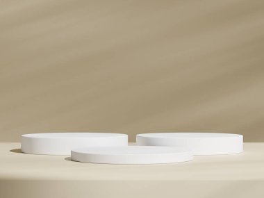 Geometrik beyaz podyum platformlu kahverengi ürün minimal sahnesini göster. Podyumlu silindir arka plan. Kozmetik ürünleri anlamına geliyor. Bej rengi sette sahne gösterisi.