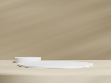 Geometrik beyaz podyum platformlu kahverengi ürün minimal sahnesini göster. Podyumlu silindir arka plan. Kozmetik ürünleri anlamına geliyor. Bej rengi sette sahne gösterisi.
