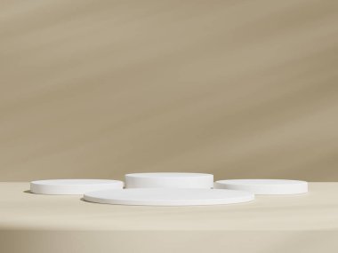 Geometrik beyaz podyum platformlu kahverengi ürün minimal sahnesini göster. Podyumlu silindir arka plan. Kozmetik ürünleri anlamına geliyor. Bej rengi sette sahne gösterisi.