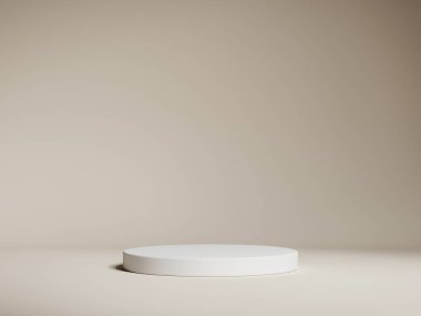 Geometrik beyaz podyum platformlu kahverengi ürün minimal sahnesini göster. Podyumlu silindir arka plan. Kozmetik ürünleri anlamına geliyor. Bej rengi sette sahne gösterisi.