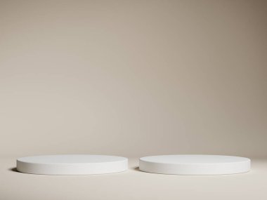 Geometrik beyaz podyum platformlu kahverengi ürün minimal sahnesini göster. Podyumlu silindir arka plan. Kozmetik ürünleri anlamına geliyor. Bej rengi sette sahne gösterisi.
