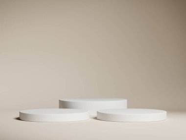 Geometrik beyaz podyum platformlu kahverengi ürün minimal sahnesini göster. Podyumlu silindir arka plan. Kozmetik ürünleri anlamına geliyor. Bej rengi sette sahne gösterisi.