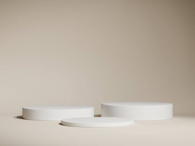 Geometrik beyaz podyum platformlu kahverengi ürün minimal sahnesini göster. Podyumlu silindir arka plan. Kozmetik ürünleri anlamına geliyor. Bej rengi sette sahne gösterisi.