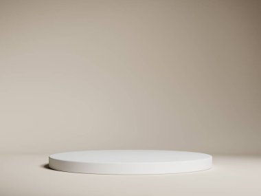 Geometrik beyaz podyum platformlu kahverengi ürün minimal sahnesini göster. Podyumlu silindir arka plan. Kozmetik ürünleri anlamına geliyor. Bej rengi sette sahne gösterisi.