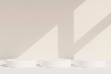 Pastel renkli soyut odalarda beyaz gerçekçi 3D silindir kaide podyumu. 3 boyutlu geometrik şekiller oluşturuluyor. Asgari duvar sahnesi. Sahne gösterisi, Ürün gösterisi.