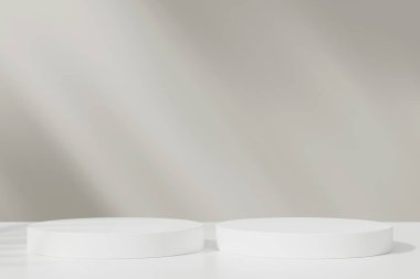 Pastel renkli soyut odalarda beyaz gerçekçi 3D silindir kaide podyumu. 3 boyutlu geometrik şekiller oluşturuluyor. Asgari duvar sahnesi. Sahne gösterisi, Ürün gösterisi.