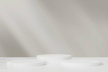 Pastel renkli soyut odalarda beyaz gerçekçi 3D silindir kaide podyumu. 3 boyutlu geometrik şekiller oluşturuluyor. Asgari duvar sahnesi. Sahne gösterisi, Ürün gösterisi.