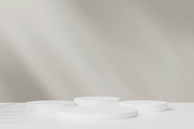 Pastel renkli soyut odalarda beyaz gerçekçi 3D silindir kaide podyumu. 3 boyutlu geometrik şekiller oluşturuluyor. Asgari duvar sahnesi. Sahne gösterisi, Ürün gösterisi.