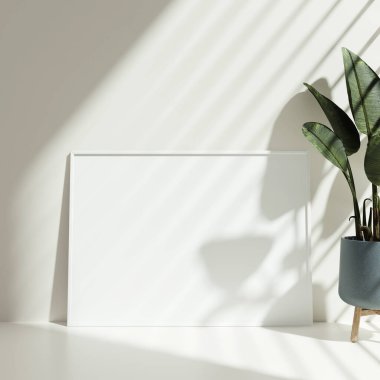 Gri duvardaki boş resim çerçevesi modeli. Beyaz oturma odası tasarımı. Modern İskandinav tarzı iç mekan ve sanat eserlerinin görüntüsü duvara yansıyor..