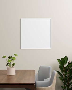 Tarafsız bir duvarda, tablo, bitki ve sandalyeli beyaz kare bir çerçeve, sanat veya fotoğrafçılık için parlak ve taze bir zemin sunuyor..