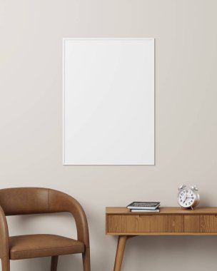 Temiz ve minimalist masa düzeni beyaz bir fotoğraf çerçevesi, kahverengi sandalye, saat ve ahşap masa, profesyonel tasarım gösterileri için mükemmel..